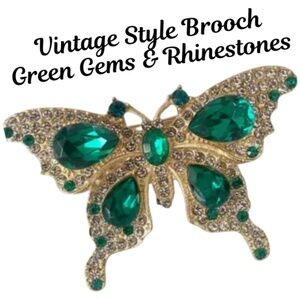 Butterfly Brooch -Vintage Style Elegant  with Emerald Green Gems and Rhinestones